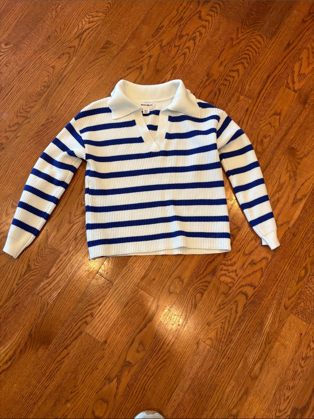 For The Republic White & Blue Striped Knit Polo Sweater
